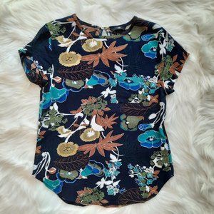 H&M - Navy Blue Floral Print Short Sleeve Shirt Blouse
